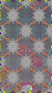 Gri ve nötr renklerde Asya tekstil tarzında. Raster illüstrasyonu. Kusursuz çiçek deseni.