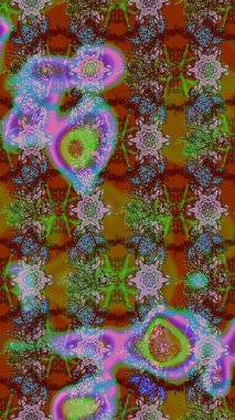 Patlayan çiçekler soyut olarak yerleştirilmiş. Raster illüstrasyonu. Kahverengi ve yeşil renklerde bahar çiçekleri. Raster deseni.