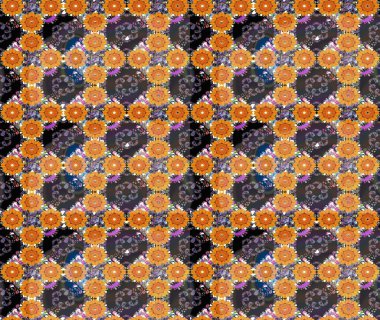 Modern çiçek arkaplanı. Renkli çiçekleri ve turuncu yaprakları olan harika bir çiçek deseni. Halk tarzı. Moda baskıları için zarif bir şablon.