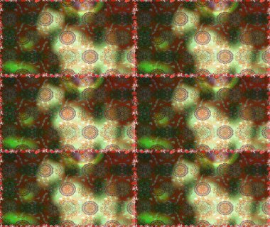 Raster illüstrasyonu. Düz Çiçek Elementleri Tasarımı. Renkli Bahar Temalı Kusursuz Arkaplan. Kahverengi ve yeşil renklerde zarif çiçekleri olan suluboya..