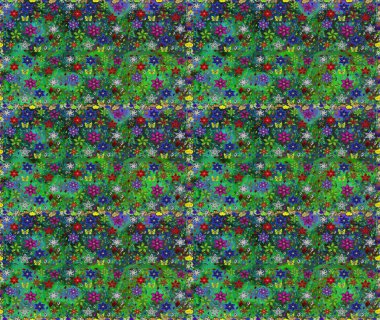 Raster deseni. Bahar çiçekleri dallı desen, yeşil ve mavi renkler çiçekli siluet.