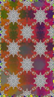 Yapraklı çiçekler ve kahverengi ve gri renklerde papatya çiçekleri. Raster - stok. Kusursuz arkaplan deseni.