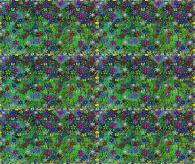 Raster deseni. Bahar çiçekleri dallı desen, yeşil ve mavi renkler çiçekli siluet.