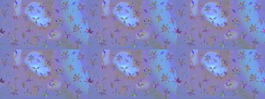 Parlak renkli çiçekleri ve mor ve mavi renkli yaprakları olan harika bir çiçek deseni. Moda baskıları için zarif bir şablon. Modern çiçek arkaplanı. Halk stili.