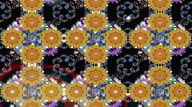 Düz Çiçek Elementleri Tasarımı. Çiçek desenli çizim. Renkli Bahar Teması eskiz kalıbı. Raster illüstrasyonu. Siyah renkli çiçekler. Asya tekstil tarzında.