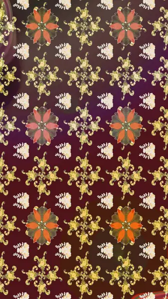 Parlak renkli fantezi çiçekleri, yapraklar, kahverengi renkli tomurcuklar, kahverengi. Suluboya el çizimi elementli çiçek çizimi deseni.