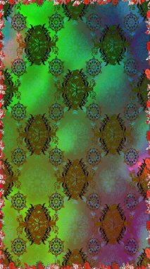 Çiçeksiz desenli, suluboya elle çizilmiş elementler. Parlak renkli fantezi çiçekleri, yapraklar, yeşil ve kahverengi renkli tomurcuklar yeşil ve kahverengi.