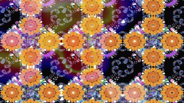 Düz Çiçek Elementleri Tasarımı. Renkli Bahar Teması eskiz kalıbı. Eskiz klasiği. Raster Şirin kumaş deseni.