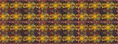 Kahverengi ve sarı renkli çiçekler. Hediye ambalaj kağıdı, tebrik kartları, posterler ve pankart tasarımı. Raster düz çiçekleri pürüzsüz desen.