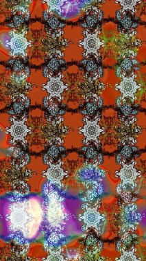 Kahverengi, turuncu ve nötr küçük çiçekler ve kahverengi, turuncu ve nötr renklerdeki komik böcekler, raster deseni, illüstrasyon.