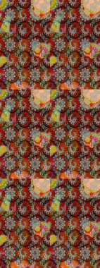 Suluboya elle çizilmiş çiçek desenli eskiz deseni. Parlak renkli fantezi çiçekleri, yapraklar, gri ve kahverengi renkli tomurcuklar, gri ve kahverengi.