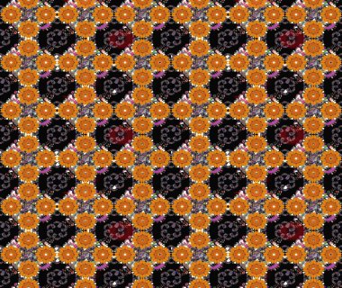 Moda baskıları için zarif bir şablon. Renkli çiçekleri ve turuncu yaprakları olan harika bir çiçek deseni. Modern çiçek arkaplanı. Halk stili.