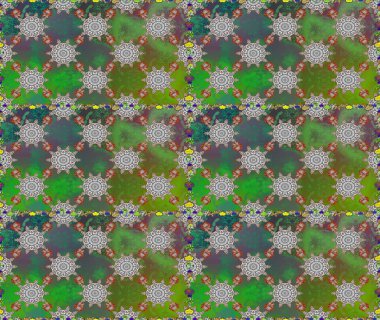 Renkli grunge, koyu yeşil ve gri çiçeklerle soyut bir arka plan oluşturur. İşlemeli çiçekli, dikişsiz desen. İzler, kumaş, duvar kağıtları, tekstil için raster dokusu.