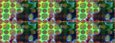 Raster illüstrasyonu. Şirin çiçekli kusursuz desen ve yeşil ve kahverengi renkli yapraklar, suluboya çiçek deseni, duvar kağıdı, kart veya kumaş için fayanslı.