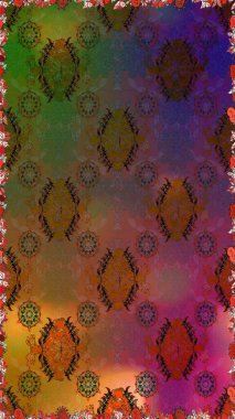 Raster illüstrasyonu. Kahverengi ve yeşil renkli Asya tekstili. Çiçeklerle suluboya desenleri.