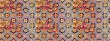 Eski usul. Renkli desenli eskiz deseni, bej çiçekler ve dekoratif elementlerle. Raster illüstrasyonu. Eskiz geçmişi. Kumaş, tekstil ve duvar kağıdı baskısı için..