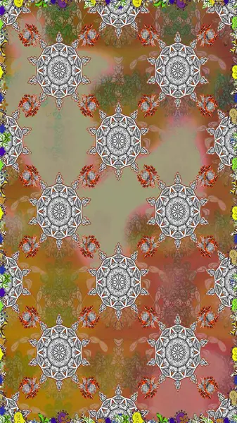 El çizimi, soyut ve süslü elementler. Yaz çiçekleri teması. Kahverengi ve gri renkler. Suluboya resim taklit Raster çizimi. Klasik çiçekler..