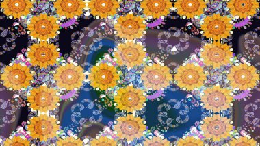 Raster düz çiçek çizim deseni. Hediye ambalaj kağıdı, tebrik kartları, posterler ve pankart tasarımı. Sarı renkte çiçekler.