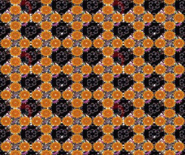 Renkli desenli eskiz deseni, siyah çiçekler ve dekoratif elementlerle. Raster illüstrasyonu. Kumaş, tekstil, duvar kağıdı baskısı için. Eskiz geçmişi. Antika retro tarzı.