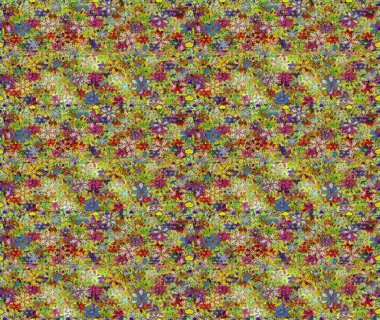 Raster illüstrasyonu. Çiçek ve yapraklı karalama şeklinde Raster çiçek deseni. Yeşil ve kahverengi renklerde bahar çiçekleri..