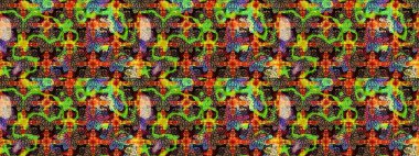 Çiçek desenli çizim. Asya tekstil tarzında. Siyah ve yeşil renkli çiçekler. Raster illüstrasyonu. Raster illüstrasyonu.