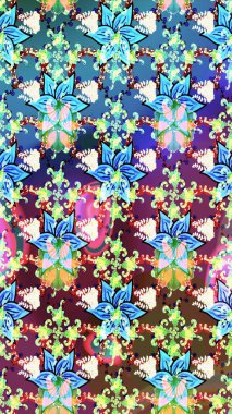 Suluboya resim taklit Raster çizimi. Mavi renkler. Yaz çiçekleri teması. Klasik çiçekler. El çizimi soyut süslü elementler.