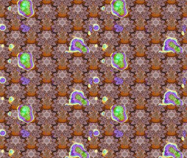 El çizimi çiçek unsurları olan soyut çizim raster deseni. Çiçekli ipek eşarp. 1950-1960 motifleri. Kahverengi üzerine kahverengi. Retro tekstil tasarım koleksiyonu.