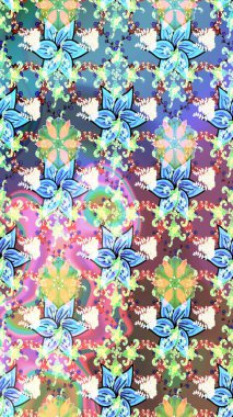 Raster illüstrasyonu. Şirin çiçekli eskiz deseni ve mavi renkli yapraklar, suluboya çiçek deseni, duvar kağıdı, kart veya kumaş için fayanslı.