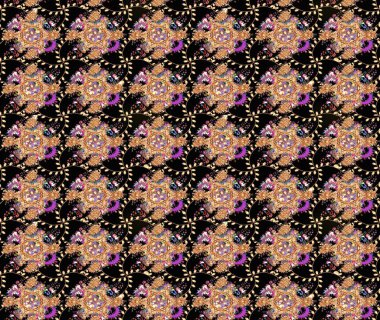 Retro tekstil tasarım koleksiyonu. Siyah üstüne siyah. 1950-1960 motifleri. El çizimi çiçek unsurları olan soyut çizim raster deseni. Çiçekli ipek eşarp..