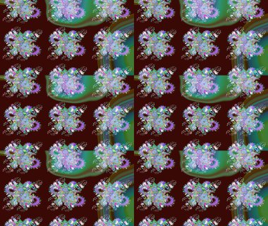 Parlak renkli fantezi çiçekleri, yapraklar, kahverengi renkli tomurcuklar, kahverengi. Suluboya el çizimi elementli çiçek çizimi deseni.