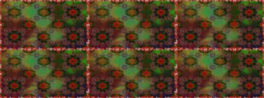 Raster illüstrasyonu. Kahverengi ve yeşil renklerde bahar çiçekleri. Yaprak ve çiçeklerin suluboya resmi, kahverengi ve yeşil renklerde pürüzsüz desen.