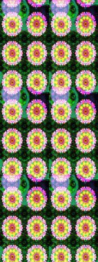 Yeşil arka planda. Çocuksu tasarım. Tekstil, kumaş, ambalaj, hatıra defteri için hoş bir çiçek arkaplanı. Elle çizilmiş karalama çiçekleri ile Raster çizim deseni.