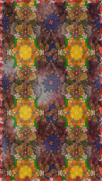 Kahverengi renkte çok kahverengi, zarif küçük çiçekler ve komik böcekler, raster desen, illüstrasyon.