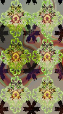 Raster çiçek desenleri çiziyor. Vadinin çiçekleri tarafsız ve yeşil renklerde.