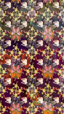 Bir sürü kahverengi ve soyut çiçekli tropik eskiz deseni. Küçük çiçekteki sevimli çiçek deseni. Varicolobrown Raster çizimi.