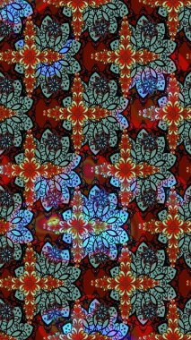 Raster Floral Illustration, Asyalı tekstil. Kırmızı ve siyah renkte etnik çiçeklerle zarif bir eskiz..