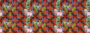 Elle çizilmiş çiçek desenli Raster çizimi. Çocuksu tasarım. Kırmızı ve kahverengi arka planda. Tekstil, kumaş, ambalaj, hatıra defteri için güzel çiçek arkaplanı..