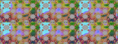 Kusursuz bir arka plan modeli. Raster - stok. Yapraklı çiçekler ve kır ve kahverengi renkli papatya çiçekleri..