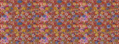 Halk tarzı. Moda baskıları için zarif bir şablon. Modern çiçek arkaplanı. Parlak renkli çiçekleri ve kahverengi ve kırmızı yaprakları olan şaşırtıcı, pürüzsüz çiçek deseni..