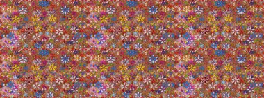 Halk tarzı. Moda baskıları için zarif bir şablon. Modern çiçek arkaplanı. Parlak renkli çiçekleri ve kahverengi ve kırmızı yaprakları olan şaşırtıcı, pürüzsüz çiçek deseni..