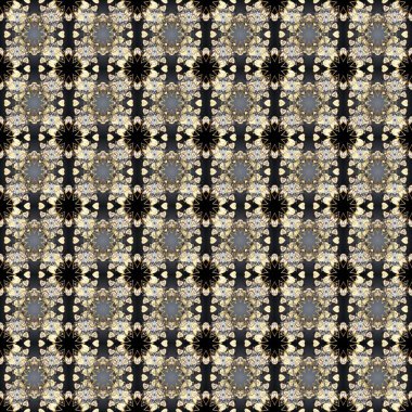 Gri, siyah, bej ve altın desenli. Tekrarlayan elementlerle kusursuz soyut arkaplan. Zarif raster klasik desen.