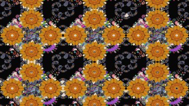 Raster illüstrasyonu. Şirin çiçekli eskiz deseni ve siyah renkli yapraklar, suluboya çiçek deseni, duvar kağıdı, kart veya kumaş için fayanslı.