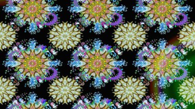 Çiçeksel fantezi tasarımı, parlak bir arka planda, kusursuz bir desen. Renkli Bahar Temalı Kusursuz Arkaplan. Düz Çiçek Elementleri Tasarımı.