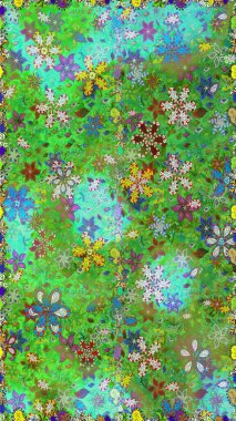 Kabile sanatı boho baskısı, klasik çiçek arkaplanı. Soyut etnik raster kusursuz desen. Arkaplan dokusu, duvar kağıdı, yeşil ve mavi renkli çiçek teması.