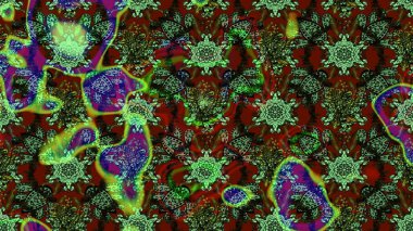 Suluboya elle çizilmiş çiçek desenli eskiz deseni. Parlak renkli fantezi çiçekleri, yapraklar, yeşil, kahverengi ve kırmızı renkli tomurcuklar yeşil, kahverengi ve kırmızı.