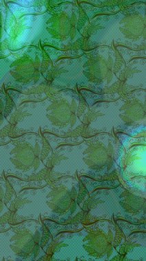 Raster Çiçek İllüstrasyonu güzel tekstil. Yeşil renkli etnik çiçeklerle zarif eskiz deseni.