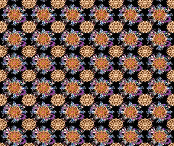 Renkli Bahar Temalı Kusursuz Arkaplan. Düz Çiçek Elementleri Tasarımı. Sevimli çiçek raster deseni. Siyah ve kahverengi renkte çiçekler.