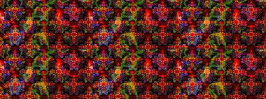 Asya tekstil tarzında. Raster illüstrasyonu. Siyah ve kırmızı renkte çiçekler. Renkli Bahar Teması eskiz kalıbı. Düz Çiçek Elementleri Tasarımı. Çiçek desenini çiz.