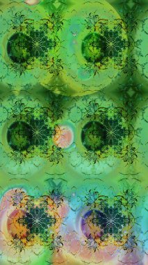 Yeşil ve mavi renkte çiçekler. Kumaş desenli papatya çiçekleri ayrıntıları.