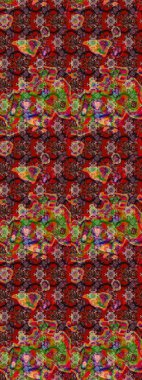 Eskiz arkaplan modeli. Yapraklı çiçekler ve kırmızı ve kahverengi renkli papatya çiçekleri. Raster - stok.